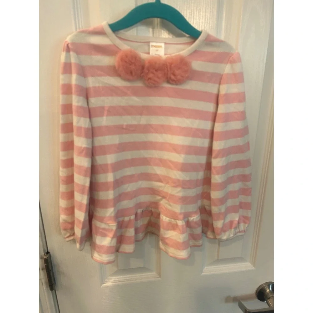 Gymboree Peplum Top Pink White Striped Pom Pom Long Sleeve Girls Shirt 5T